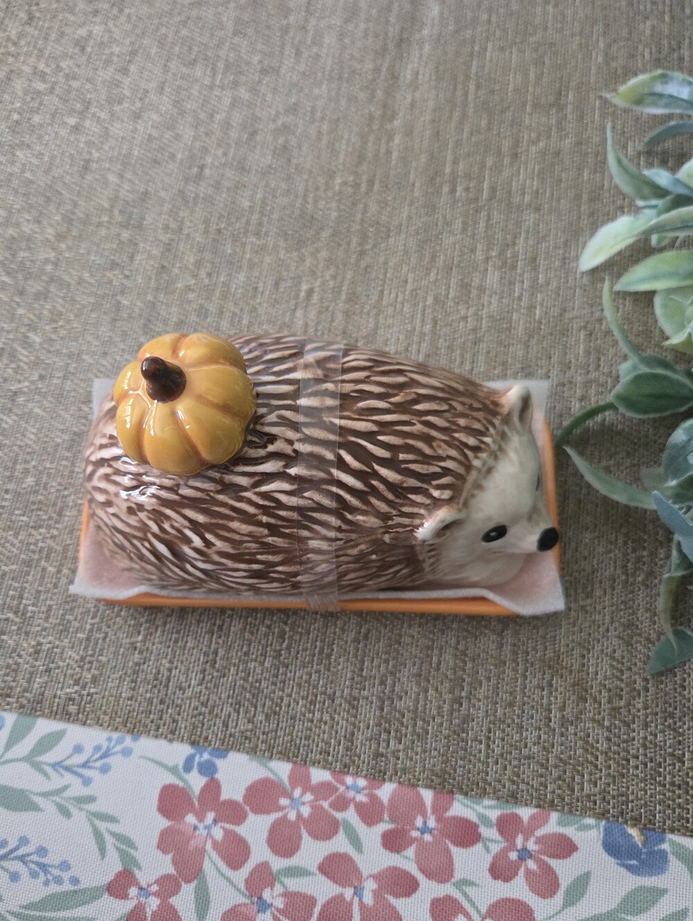 Ceramic Hedgehog Butter Dish with Yellow Pumpkin Accent